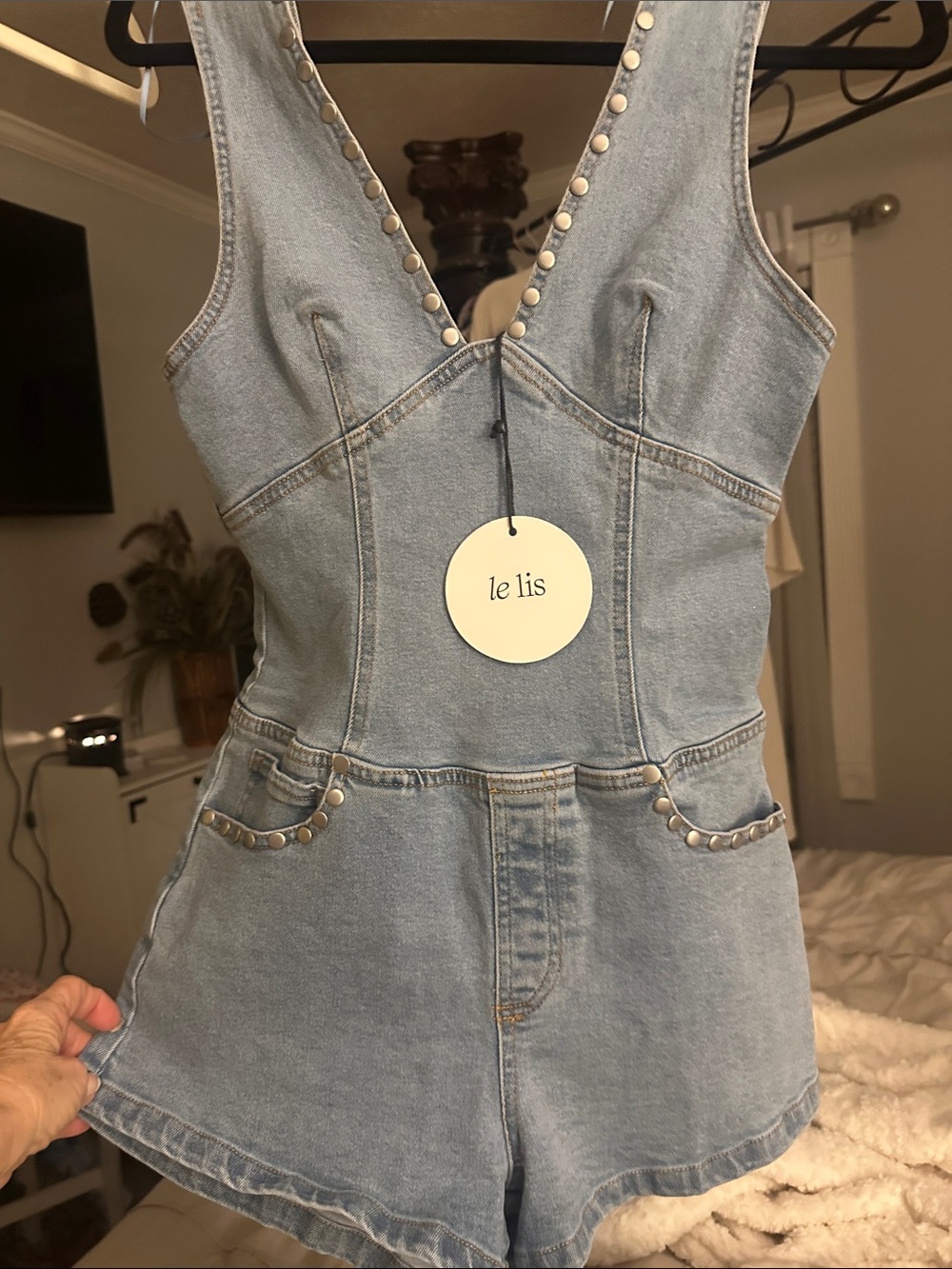 Le Lis Light Blue Denim Studded Short Romper